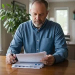 Michigan homeowner reviewing house sale paperwork at a kitchen table
