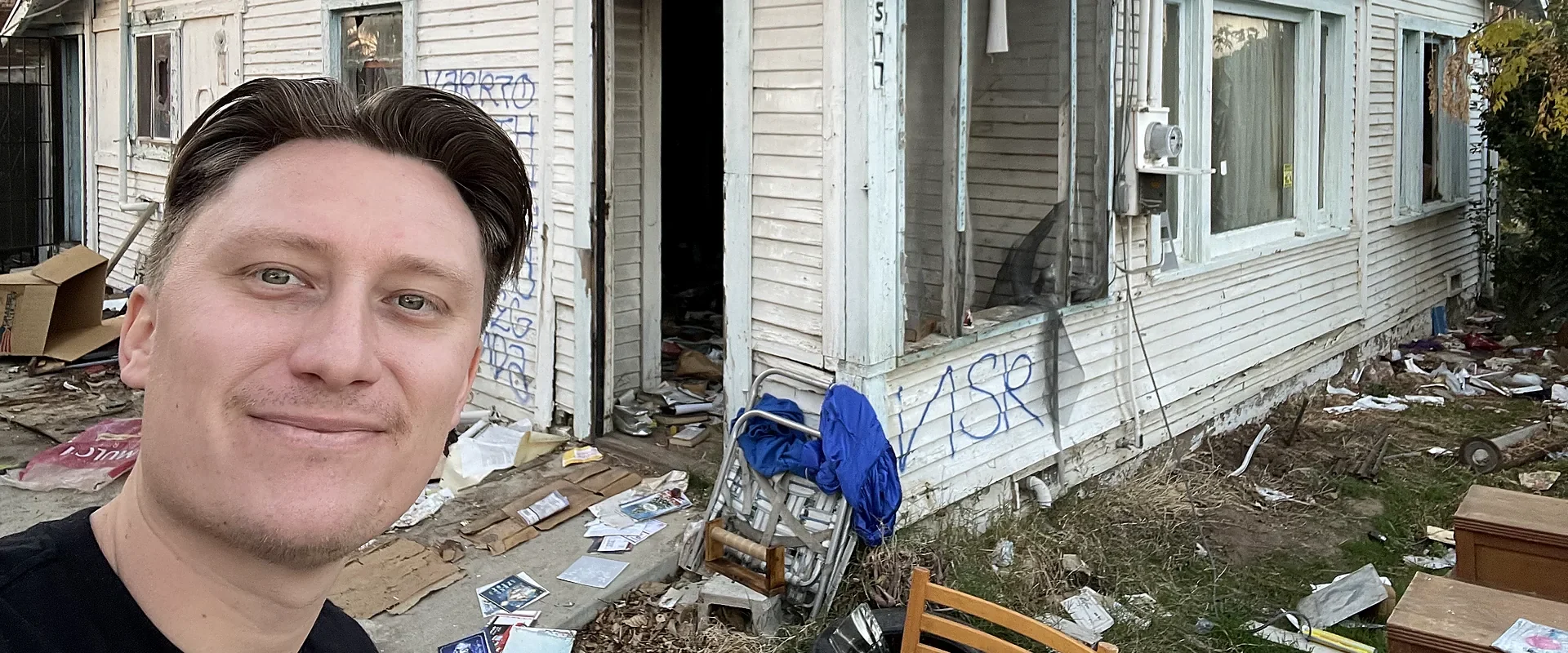 Pat at a San Bernardino fixer upper house purchased by Pat Buys Houses Cash