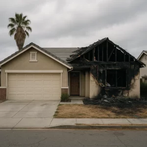 Partially fire-damaged house in California sold as-is, showing visible smoke damage, charred walls, and a collapsed roof on one side, with the other side intact—ideal for cash home buyers in a suburban neighborhood. Sell fire damaged house
