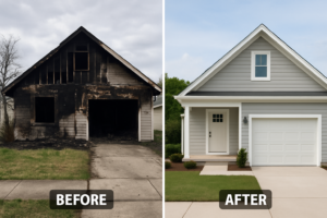 Before and after photo of a fire damaged house in California, showing the transformation from a burned, unsafe structure to a fully remodeled, livable home — illustrating the rebuilding process and potential of selling fire-damaged property as-is.