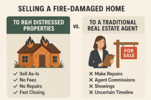Comparison of selling a fire-damaged home to a cash home buyer vs a traditional real estate agent. Highlights fast sale, no repairs, and no fees with R&H Distressed Properties versus long process, repairs, and commissions with an agent.