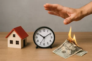 ymbolic image showing a wooden house, burning cash, and a ticking clock — representing the wasted time and money often involved in selling a house through a traditional real estate agent.