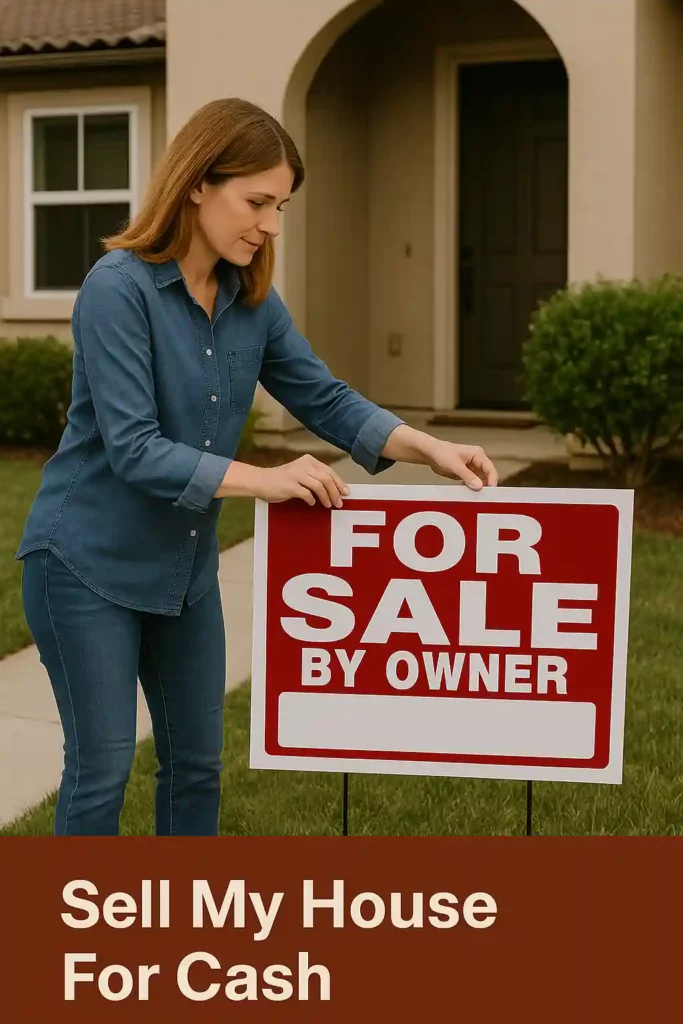 California homeowner placing a “For Sale By Owner” sign in the front yard of a single-story house without using a realtor