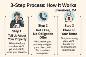 3-step infographic for selling a house fast in Livermore, CA. Step 1 shows a man with a clipboard representing “Tell Us About Your Property.” Step 2 features a phone and dollar sign symbolizing “Get a Fair, No-Obligation Offer.” Step 3 shows a hand receiving money, labeled “Close on Your Terms.” Each step includes icons and text against a clean, professional background with subtle California-themed visuals.