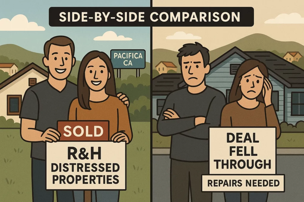 Side-by-side comparison of selling a house in Pacifica, CA: happy sellers with R&H Distressed Properties celebrating a fast, clean sale versus frustrated sellers dealing with a deal falling through and repair demands from competitors.