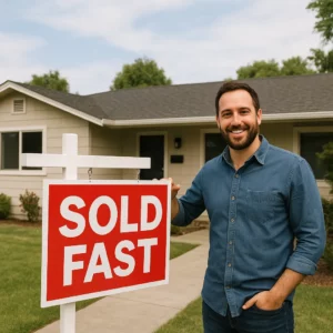 Ranch-style house in Livermore, CA with a bold SOLD FAST sign and friendly local home buyer standing out front. Sell My House Fast Livermore CA. We Buy Houses Livermore California.