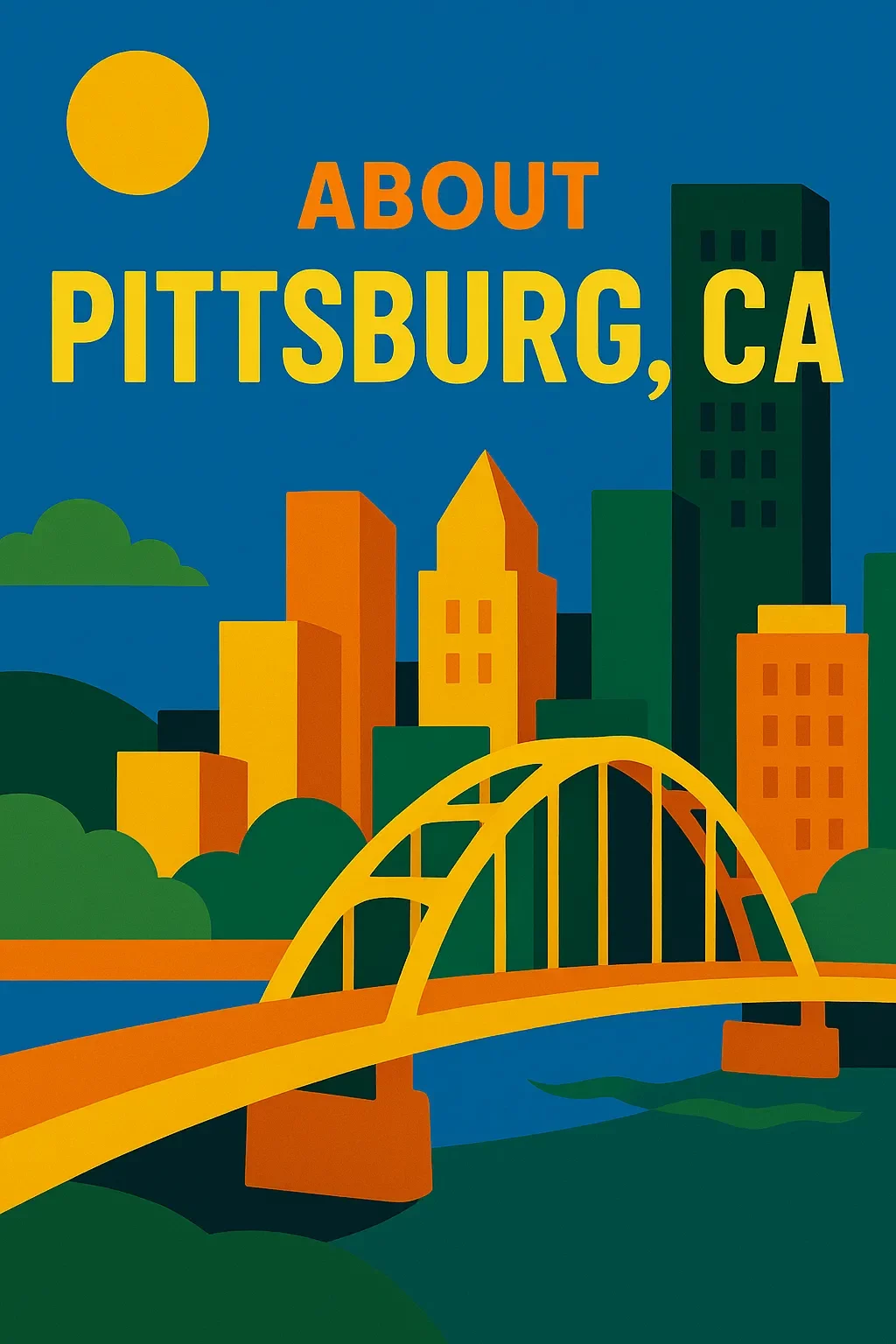 Bold and colorful illustration for the About Pittsburg section of R&H Distressed Properties’ landing page, featuring a bright city skyline, iconic bridge, and sunny sky, promoting cash buyers in Pittsburg and we buy houses cash Pittsburg.