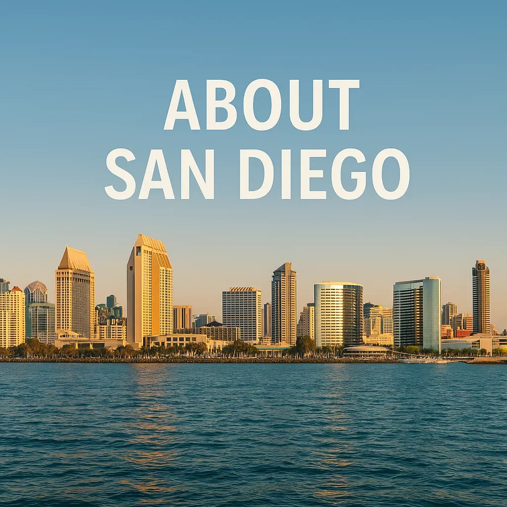 San Diego skyline view with palm trees and waterfront, representing we buy houses and cash home buyers helping homeowners sell fast.