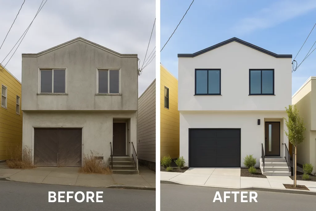 Before and after photo of a San Francisco house purchased by R&H Distressed Properties, showing the transformation from a run-down exterior to a beautifully renovated home with fresh paint, updated windows, and clean landscaping. We Buy Houses San Francisco