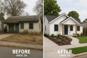 Chico, CA ugly house before and after remodel – perfect example of what cash home buyers look for in a quick, as-is transformation.