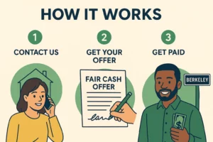 How it works to sell a house fast in Berkeley — 1. Contact us, 2. Get a fair cash offer, 3. Get paid. Illustrated with simple, friendly graphics.