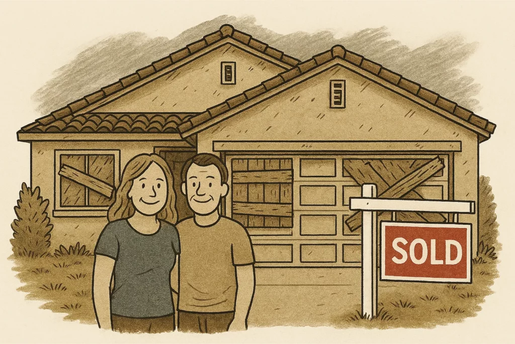 Happy couple standing in front of a sold house in Richmond CA after a fast cash sale, smiling and holding keys with a red SOLD sign in the yard, promoting sell my house fast Richmond CA and we buy houses Richmond CA.