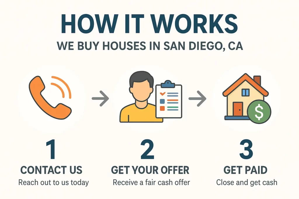 Three-step infographic for buying houses for cash in San Diego, CA — showing contact, cash offer, and fast payment. Sell my house fast San Diego