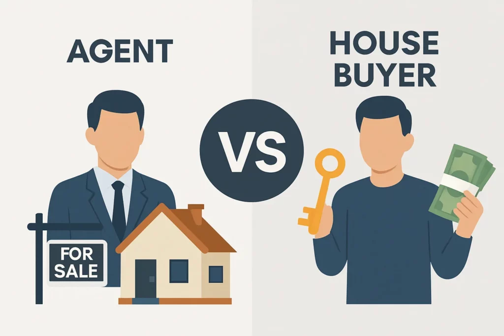 Side by side comparison of selling a house with a real estate agent versus a cash home buyer who buys houses for cash, showing homeowners how to sell my house fast with a simple and direct selling process.
