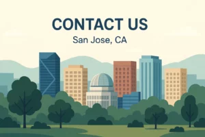 Contact Us section image for San Jose, CA featuring a modern cityscape and text over it. Home Buyers in San Jose CA