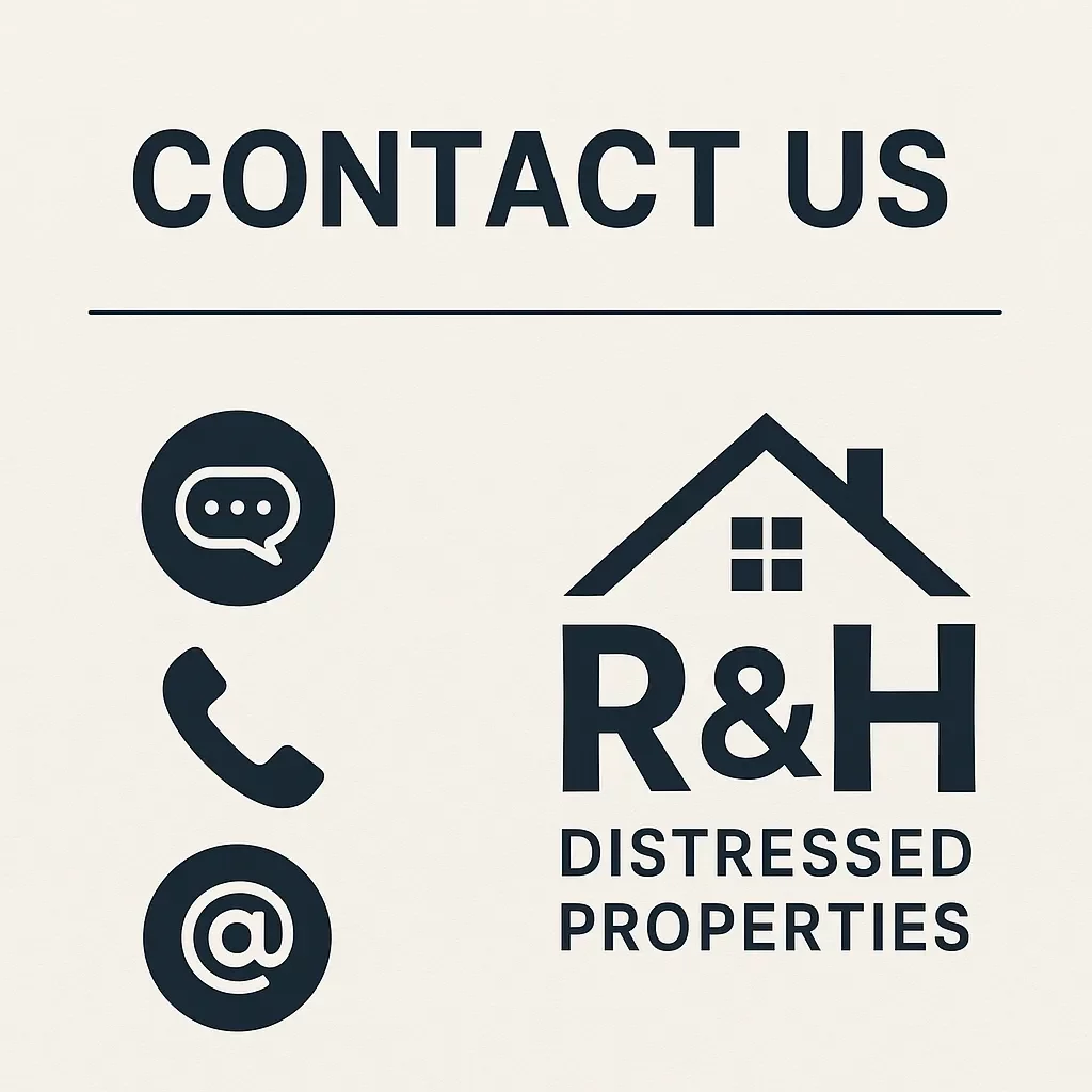 Contact Us section for R&H Distressed Properties with icons for phone, email, and message. Text overlay says 'Sell Your House Fast' in a clean, professional design. Sell my house fast. We buy houses as is.
