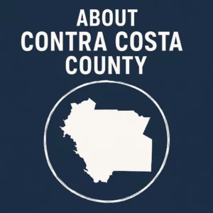 Map of Contra Costa County with a bold, hand-drawn white circle around the region, displayed on a professional blue and white color scheme.