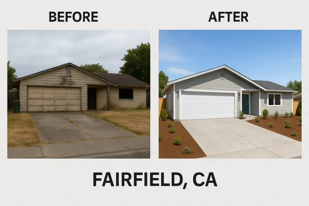 Before and after pictures of remodel representing selling your house fast in Fairfield. We buy houses Fast