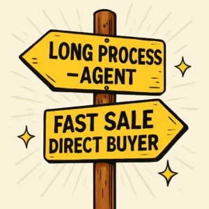 Sell your house fast Livermore — street sign showing choice between long real estate agent process and fast cash sale with direct buyer.