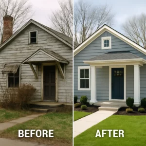 Before and after image of a fixer-upper house remodeled by a cash home buyer. The "before" side shows a neglected property with peeling paint and overgrown landscaping. The "after" side highlights a fully renovated home with modern curb appeal, fresh paint, and clean surroundings—perfect for marketing to homeowners looking to sell your house fast.