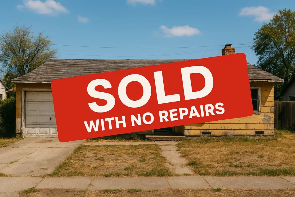 A fixer-upper ranch-style house in Manteca, CA with peeling paint, cracked driveway, and overgrown yard. Red "SOLD WITH NO REPAIRS" sign displayed across front. Two-car garage attached. Perfect example of sell my house fast Manteca CA - we buy houses Manteca as-is.