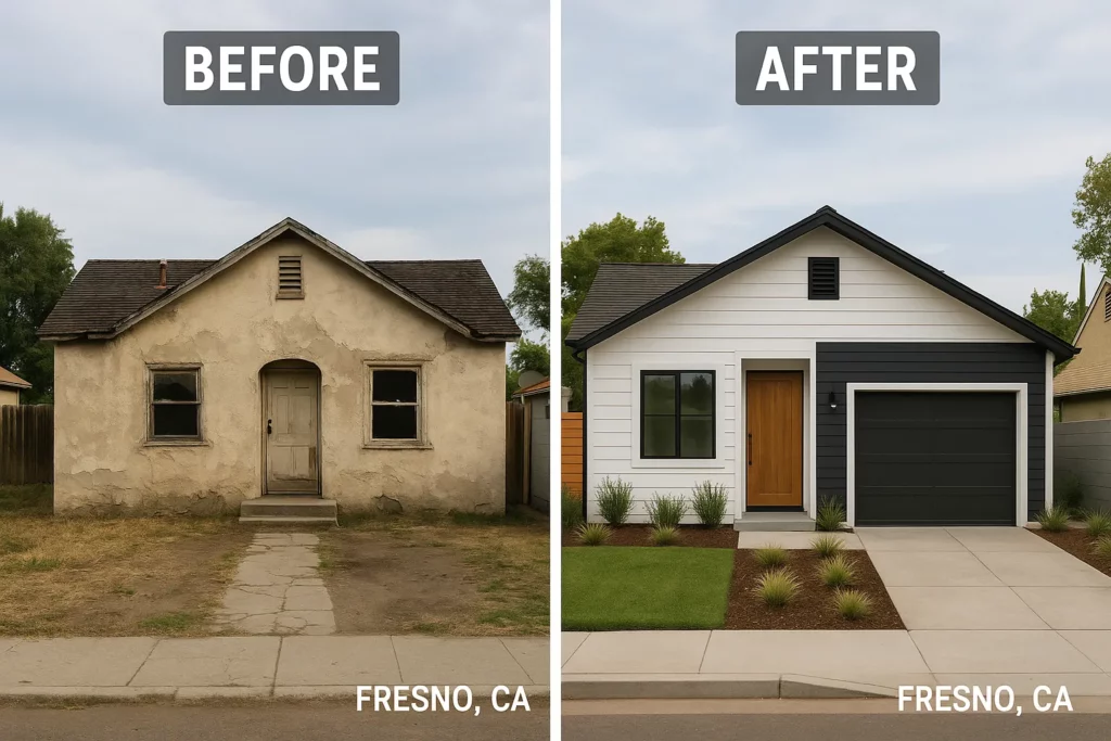 Fresno CA house before and after remodel – ugly distressed property transformed into a beautiful modern home with fresh paint, landscaping, and curb appeal.