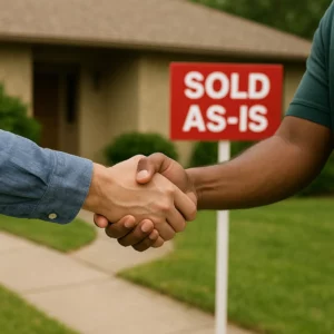 Two people shaking hands in front of a house in Vallejo with a red ‘SOLD AS-IS’ sign, symbolizing a successful cash sale without repairs.