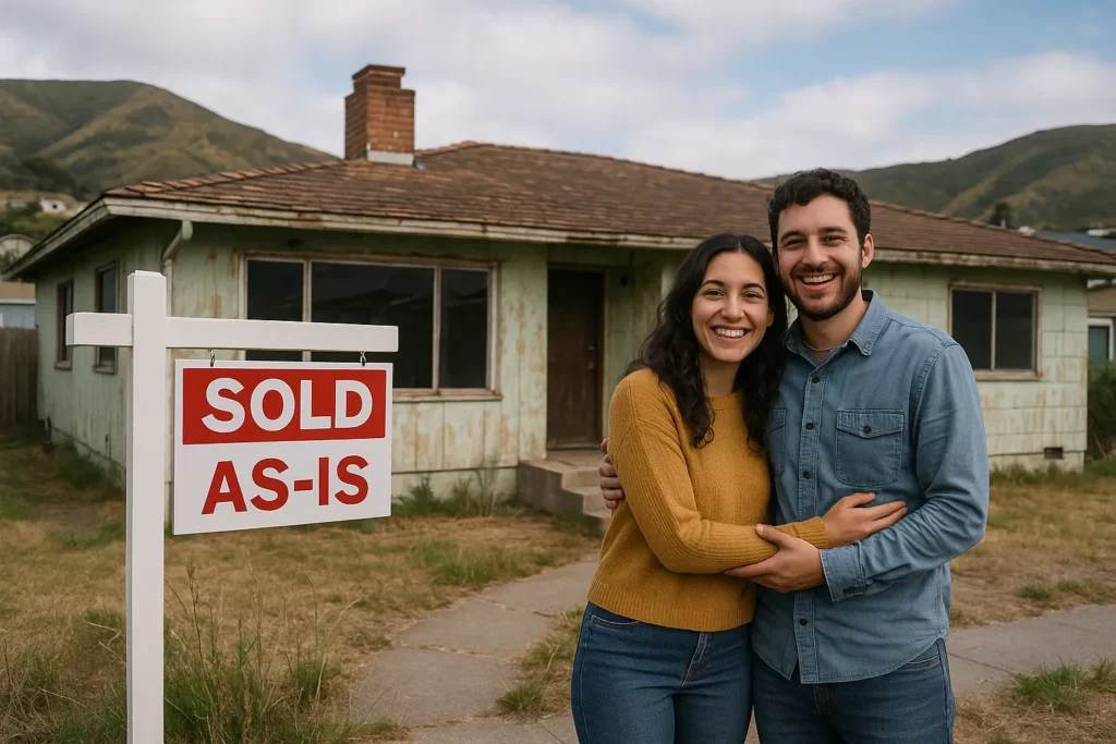 Happy couple standing outside a fixer-upper ranch-style house with a SOLD AS-IS sign in Pacifica, CA – cash home buyers, sell house fast