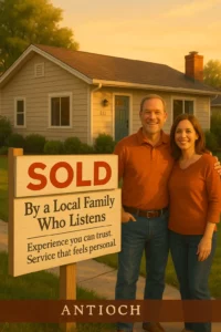 A photo of a house sold in Antioch, CA with a "SOLD" sign out front and a smiling couple representing a local, family-owned cash house buyer who listens and cares.