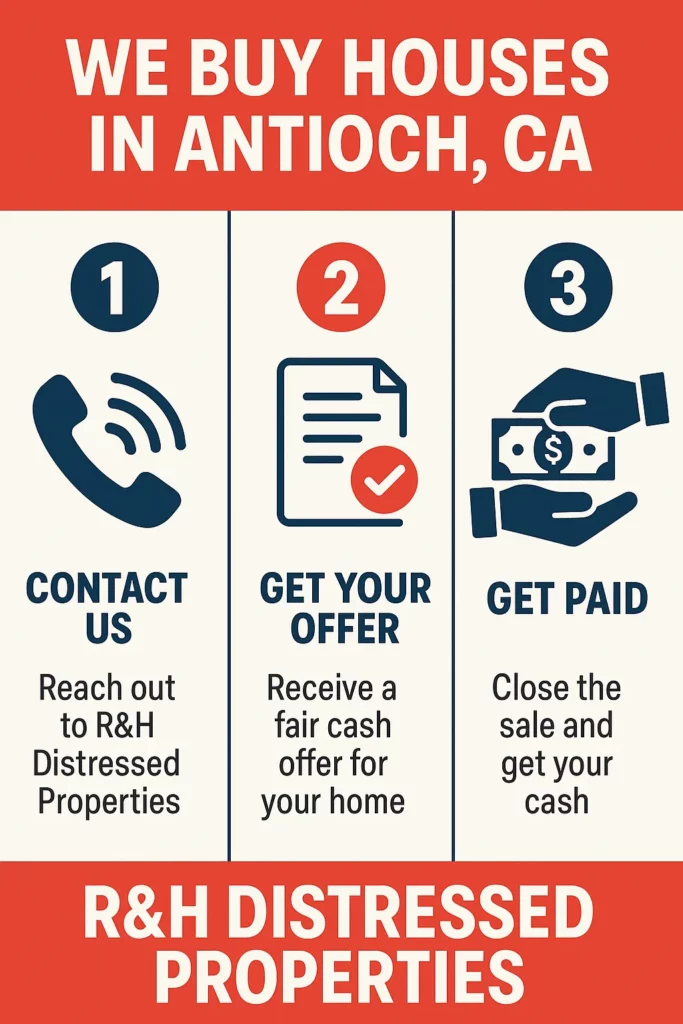 Three-step infographic by R&H Distressed Properties showing how to sell your house fast in Antioch, CA. Step 1: Contact us for a free, no-obligation offer. Step 2: Get a fair cash offer with no repairs or fees. Step 3: Close on your terms and move on your timeline. We buy houses Antioch