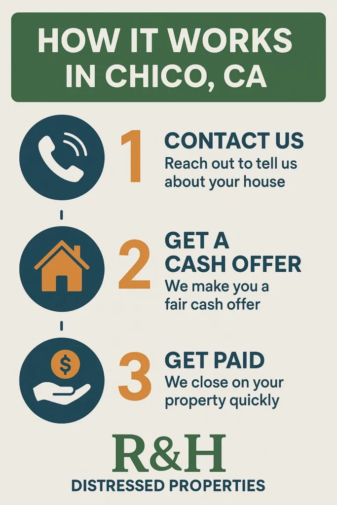 Infographic showing the 3-step home selling process in Chico, CA with R&H Distressed Properties — including icons for contacting the company, selling the house as-is, and getting paid quickly. Clean layout with bold text and local branding.