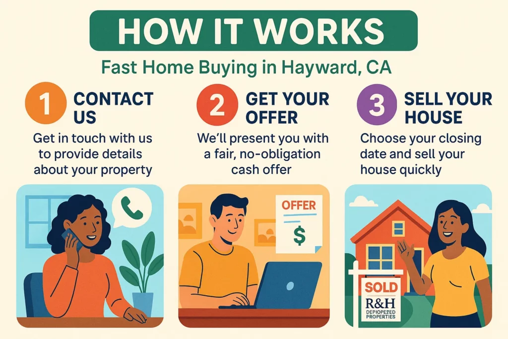 Colorful 3-step infographic showing how cash home buyer R&H Distressed Properties helps homeowners sell my house fast Hayward CA. Step 1: Contact us by phone or online. Step 2: Get a cash offer with no fees and no repairs. Step 3: Close quickly and get paid, selling your home on your terms.