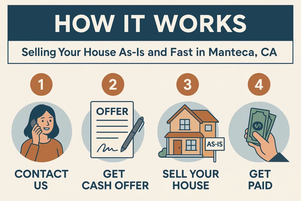 Step-by-step infographic showing how to sell a house fast and as-is in Manteca, CA. Includes icons and descriptions for each stage: contact R&H Distressed Properties, receive a cash offer, skip repairs and showings, and close quickly. Bold, modern design tailored for Manteca homeowners.