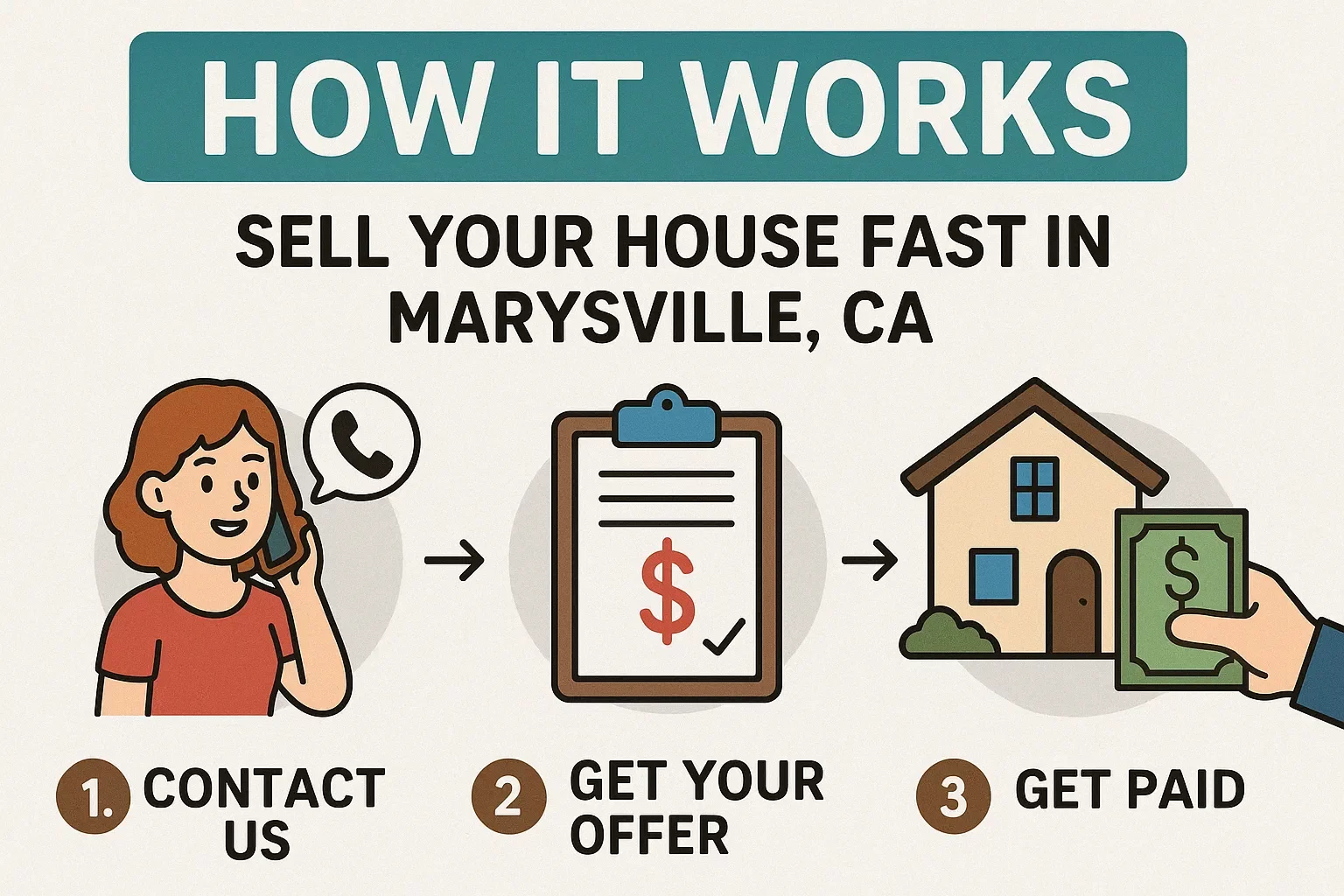 Step-by-step infographic showing how to sell a house fast in Marysville, CA — includes icons for contacting the buyer, receiving a cash offer, and getting paid quickly. Buy my house Marysville CA.