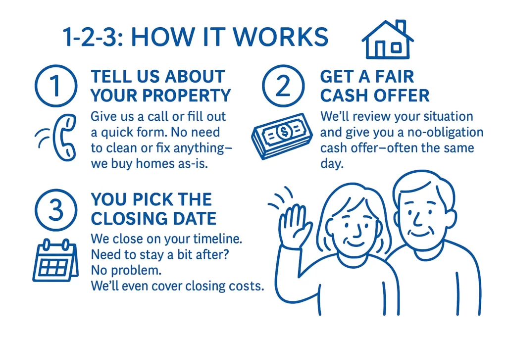 Three-step visual showing how to sell my house Richmond with R&H Distressed Properties. Steps include contacting the buyer, receiving a fair cash offer, and choosing a closing date. Designed for local homeowners looking for a simple process with we buy houses cash Richmond.