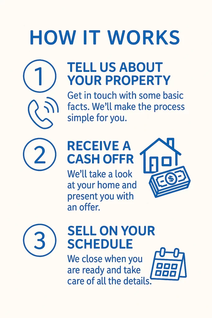Step-by-step infographic showing how to sell your house fast in Bakersfield, CA: tell us about your property, get a fair cash offer, and choose your closing date—no phone number displayed.