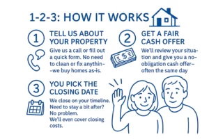 Sell My House Fast Vallejo CA in 3 easy steps – infographic with contact, cash offer, and fast closing.