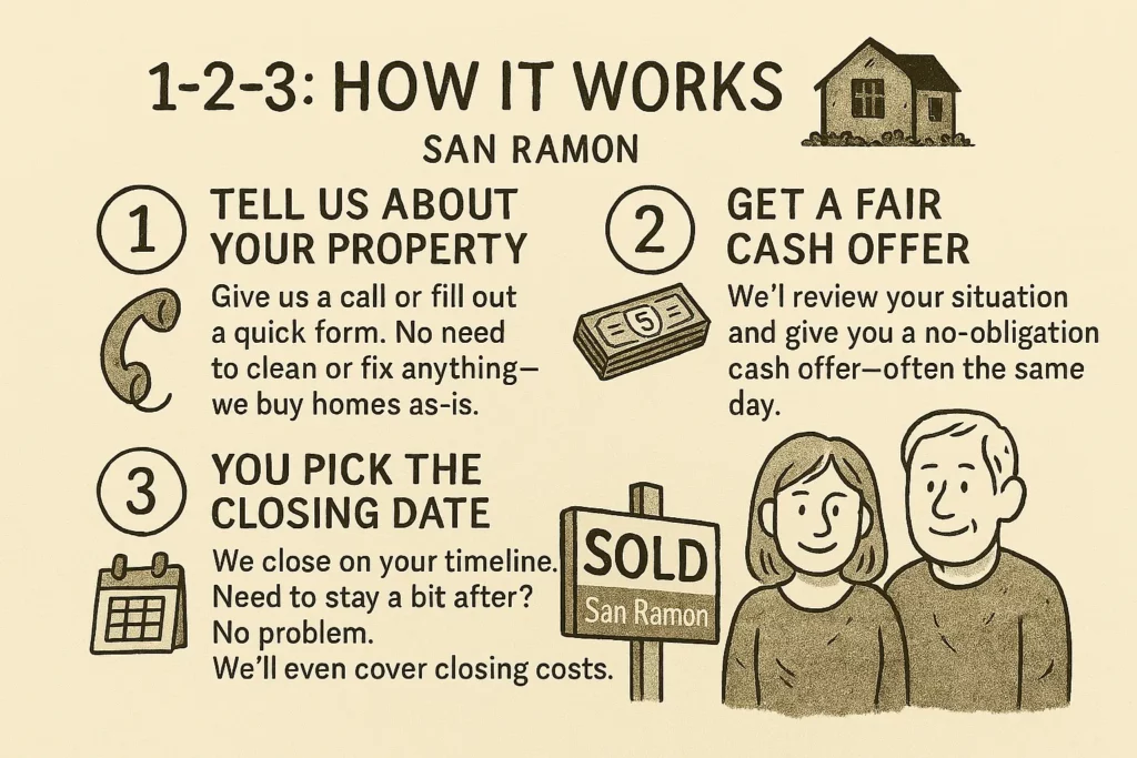 Hand-drawn infographic showing a three-step process to sell a house. Sell My House Fast San Ramon CA. We Buy Houses San Ramon CA