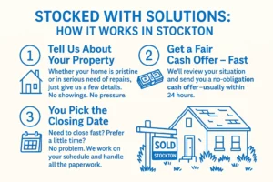 Three-step infographic titled 'How Our Stockton Home Buying Process Works' showing how to sell a house fast for cash. We Buy Houses Stockton CA