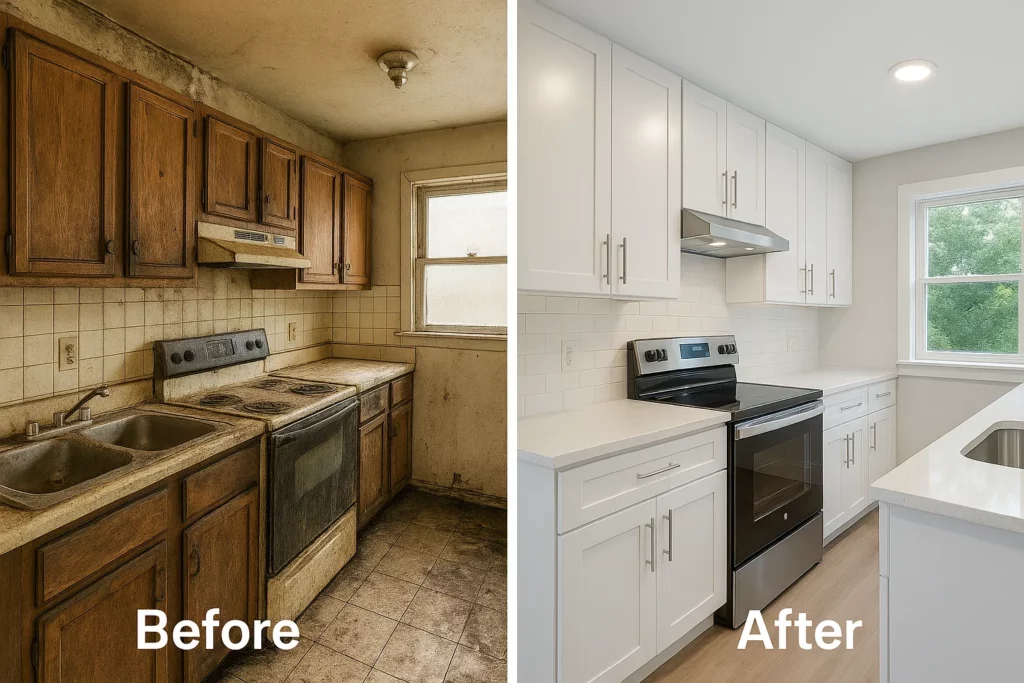 Sell house fast in Manteca, CA – before and after kitchen remodel showing transformation from outdated, dirty kitchen to modern, clean space with white cabinets and stainless steel appliances