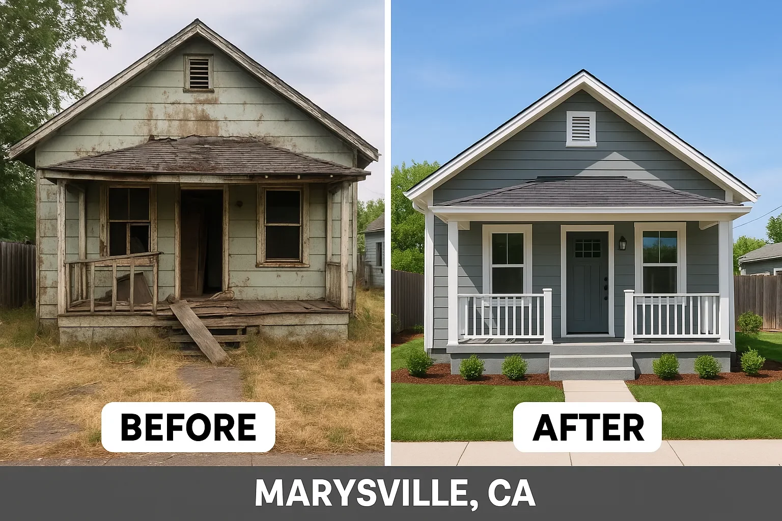 Before and after renovation of a house in Marysville, CA by cash home buyer R&H Distressed Properties, showing property transformation from distressed to move-in ready. Cash for my house Marysville CA