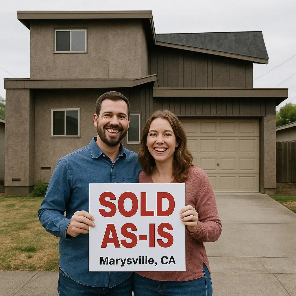 Happy couple standing in front of a fixer upper house with an attached garage in Marysville, CA, holding a "Sold As-Is" sign. Sell my house fast Marysville. We Buy Houses Marysville.