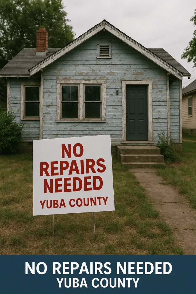 Old Yuba County house with peeling paint and a “No Repairs Needed – Yuba County” sign, perfect for cash home buyers. Sell My House Fast Yuba County