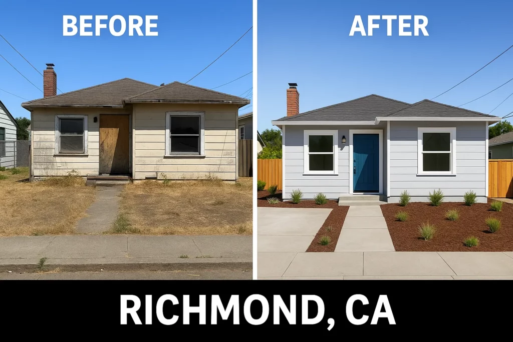 Before and after photo of a house renovation in Richmond CA showing the transformation from a distressed property to a fully renovated home, highlighting options for homeowners who want to sell my house fast Richmond CA with Richmond we buy houses for cash experts.