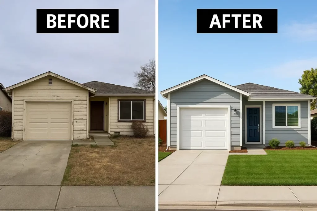 Before and after photo of a remodeled San Jose house for cash home buyers. We Buy Houses.