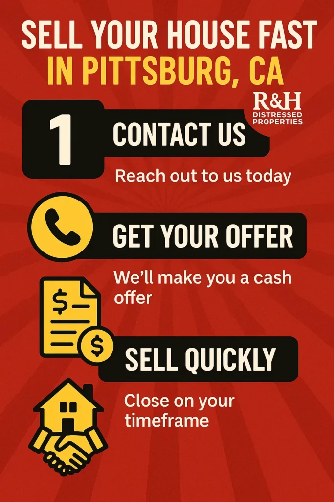 Infographic explaining how to sell my house fast Pittsburg in three simple steps, designed for local homeowners searching we buy houses Pittsburg CA for a quick cash sale.