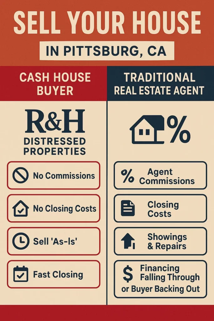 Comparison chart between R&H Distressed Properties and a traditional real estate agent in Pittsburg, CA. Shows that R&H Distressed Properties offers fast closings, no commissions, no repairs, and zero risk of financing falling through—ideal for homeowners who need to sell my house for cash fast with a trusted local company. sell my house in pittsburg​
