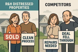 Side-by-side comparison graphic showing R&H Distressed Properties with happy home sellers and a clean, easy process versus competitors with frustrated sellers holding 'deal fell through' and 'repairs needed' signs. Cash home buyer comparison.