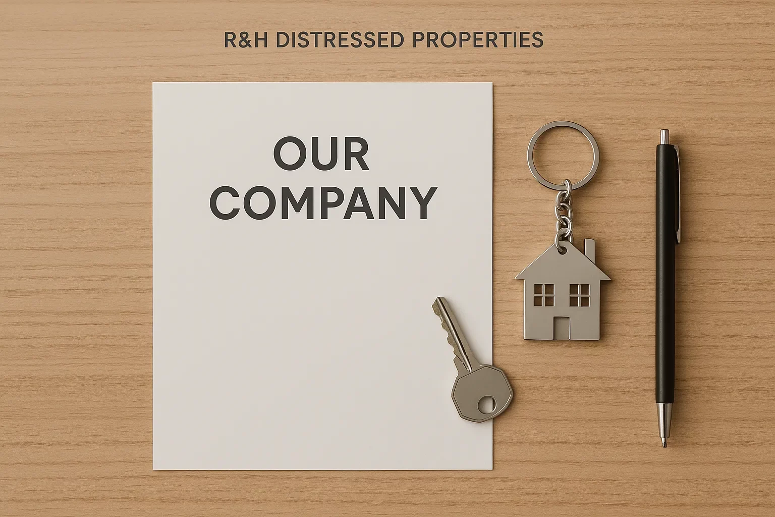 A clean, minimalist flat lay featuring a white sheet labeled "Our Company," a silver house key with a keychain, and a black pen on a smooth wooden surface—symbolizing simplicity and transparency in the home-selling process. Sell my house fast.
