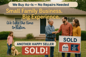 Happy home seller shaking hands with a local family-owned cash home buyer in front of a sold as-is house, representing R&H Distressed Properties — experienced, compassionate real estate buyers serving Sacramento California homeowners.
